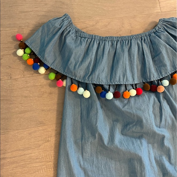 Chambray Off-the-Shoulder Pom Pom Dress - Picture 5 of 7
